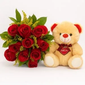 Buquê de 12 Rosas Vermelhas e Urso de Pelúcia