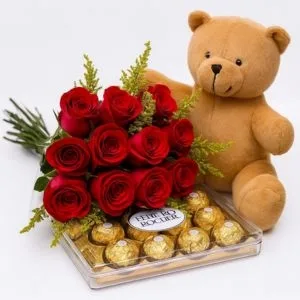 Buquê de 12 Rosas Vermelhas, Urso de Pelúcia e Ferrero Rocher