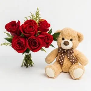 Buquê de 6 Rosas Vermelhas e Urso de Pelúcia