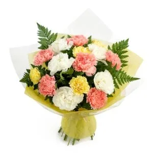 Buquê de Cravos Coloridos com Folhagens – Rosa, Branco e Amarelo