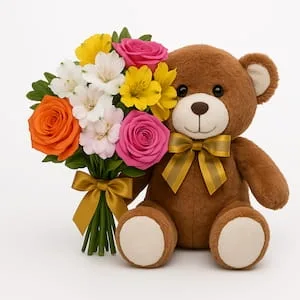 Buquê Pequeno com Rosas e Alstroemérias e Urso de Pelúcia