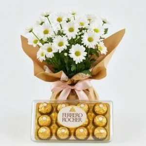 Vaso de Margaridas Brancas com Caixa de Ferrero Rocher