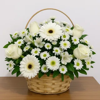 Arranjo de Flores Brancas em Cesta Decorativa