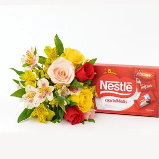 Buquê Colorido de Rosas e Astromélias com Caixa de Bombons Nestlé