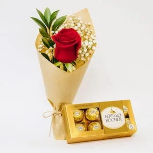 Buquê com 1 Rosa Vermelha e Caixa de Bombons Ferrero Rocher