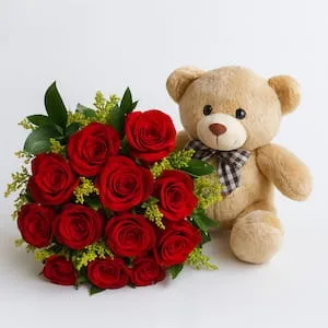 Buquê com 12 Rosas Vermelhas e Urso de Pelúcia