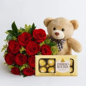 Buquê com 12 Rosas Vermelhas, Urso de Pelúcia e Caixa de Bombons Ferrero Rocher