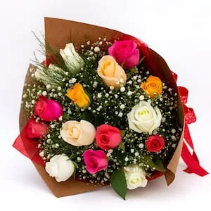 Buquê com 15 Rosas Coloridas e Mosquitinho