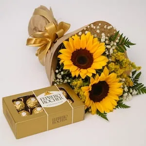 Buquê com 2 Girassóis e Caixa de Bombons Ferrero Rocher