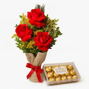 Buquê com 3 Rosas Vermelhas e Caixa de Bombons Ferrero Rocher