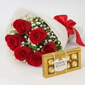 Buquê com 6 Rosas Vermelhas e Caixa de Bombons Ferrero Rocher