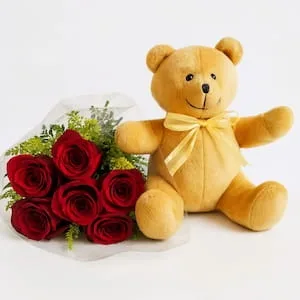 Buquê com 6 Rosas Vermelhas e Urso de Pelúcia