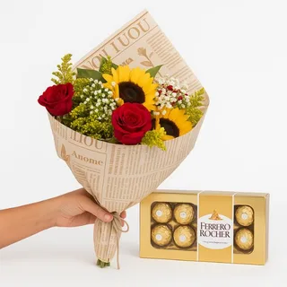Buquê com Girassóis e Rosas Vermelhas com Ferrero Rocher