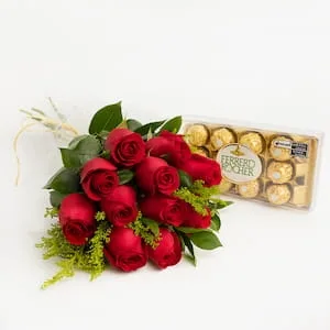 Buquê de 12 Rosas Vermelhas com Caixa de Bombons Ferrero Rocher
