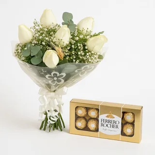 Buquê de 6 Rosas Brancas e Ferrero Rocher
