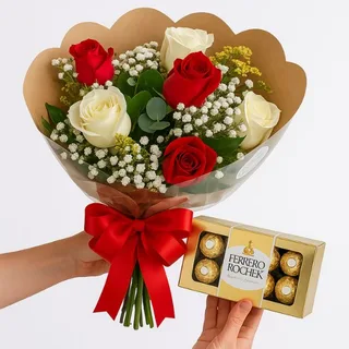 Buquê de 6 Rosas Vermelhas e Brancas com Ferrero Rocher
