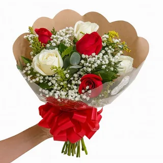Buquê de 6 Rosas Vermelhas e Brancas