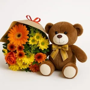 Buquê de Flores do Campo Pequeno com Urso de Pelúcia