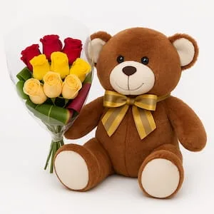 Buquê de Rosas Coloridas com Urso de Pelúcia