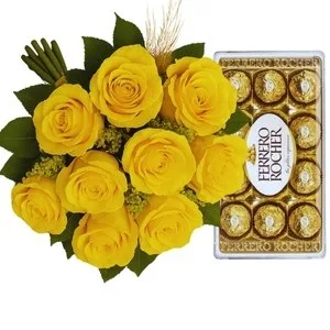 Buquê com 9 Rosas Amarela e Chocolate