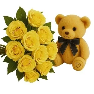 Buquê de 10 Rosas Amarela com Pelúcia