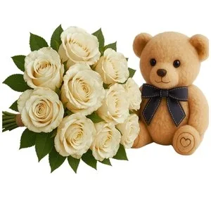 Buquê de 10 Rosas Branca com Pelúcia