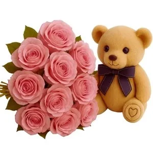 Buquê de 10 Rosas Rosada com Pelúcia
