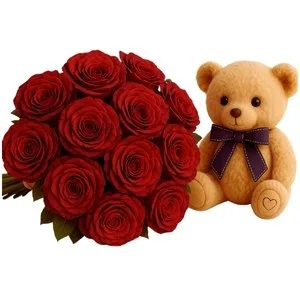 Buquê de 12 Rosas Vermelha com Pelúcia