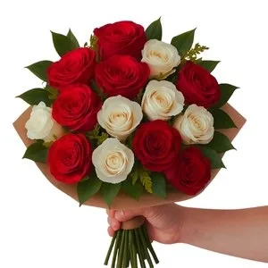 Buquê de 14 Rosas Vermelha e Branca