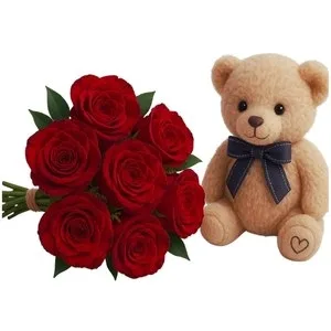 Buquê de 7 Rosas Vermelhas com Pelúcia