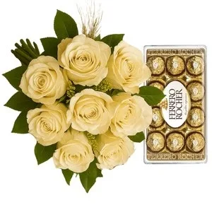 Buquê de 8 Rosas Brancas com Chocolate