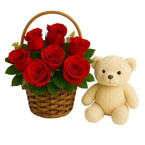 Cesta com 8 Rosas Vermelha e Pelúcia