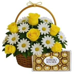 Cesta de Rosas Amarela e Margarida com Chocolate