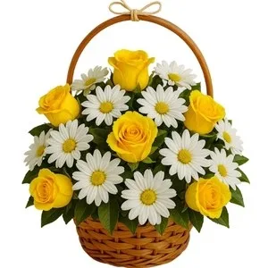 Cesta de Rosas Amarela e Margaridas