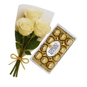 Ramalhete de 3 Rosas Branca com Chocolate