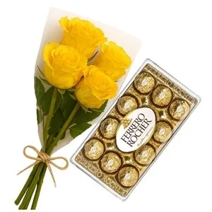 Ramalhete de 4 Rosas Amarela com Chocolate