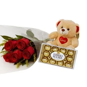 Ramalhete de 6 Rosas com Pelúcia e Chocolate