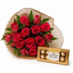 Buquê 12 Rosas Nacionais com Ferrero Rocher – Amor