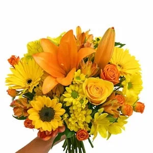 Buquê Colorido com Lírios, Girassóis e Rosas Amarelas