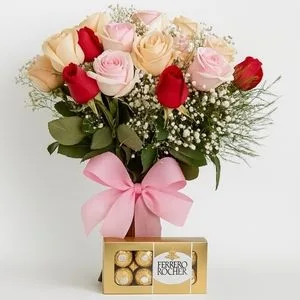 Buquê com 20 Rosas Coloridas e Ferrero Rocher