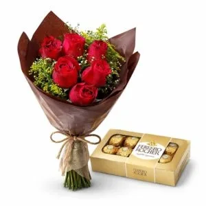 Buquê com 6 Rosas Vermelhas e Caixa de Ferrero Rocher