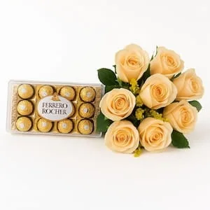 Buquê com 8 Rosas Champagne e Ferrero Rocher
