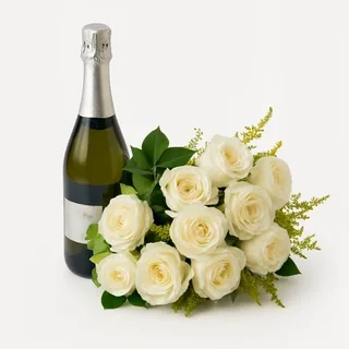 Buquê de 12 Rosas Brancas e Espumante