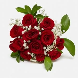 Buquê de 12 Rosas Vermelhas com Gipsofila