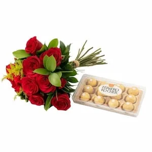 Buquê de 12 Rosas Vermelhas e Chocolate