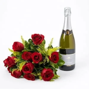 Buquê de 12 Rosas Vermelhas e Espumante
