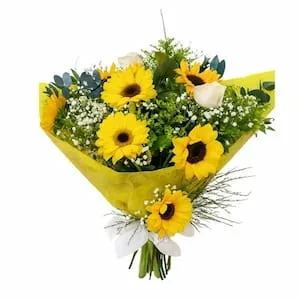 Buquê de Girassóis, Gérberas e Rosas – Amarelo do Sol