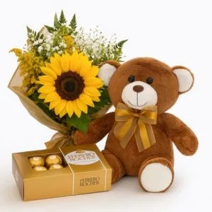 Buquê de Girassol com Ferrero Rocher e Ursinho de Pelúcia
