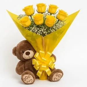 Buquê de Rosas Amarelas com Pelúcia – Amanhecer
