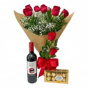 Buquê de Rosas com Chocolate e Vinho – Delícias do Amor